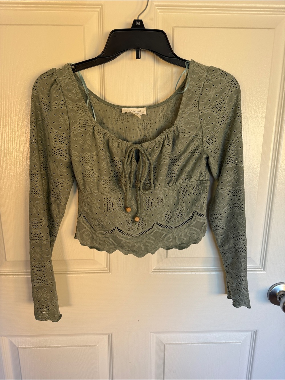 Eyelet Tie-Front Long Sleeve Top - Sage